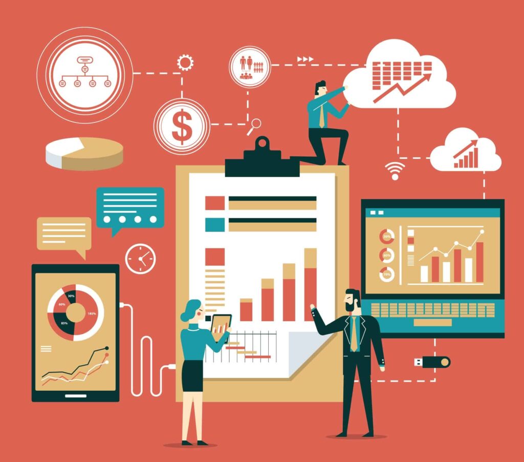 Flat isometric design of data analysis and technology concept.