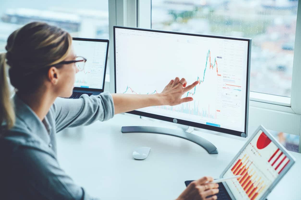 Business woman study financial market to calculate possible risks and profits.Female economist accounting money with statistics graphs pointing on screen of computer at desktop. Quotations on exchange