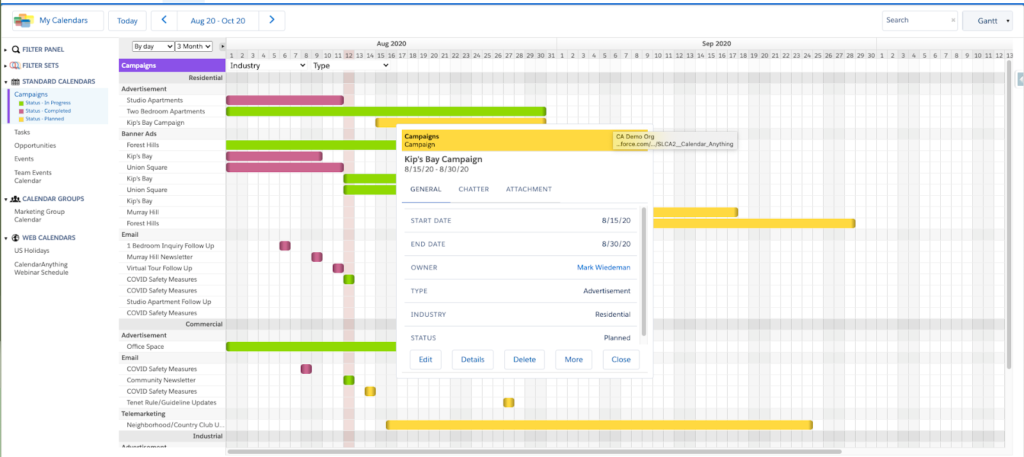 Calendar shown is grouped by industry and type and conditionally colored by status. If status changes, the color of the event changes as well.