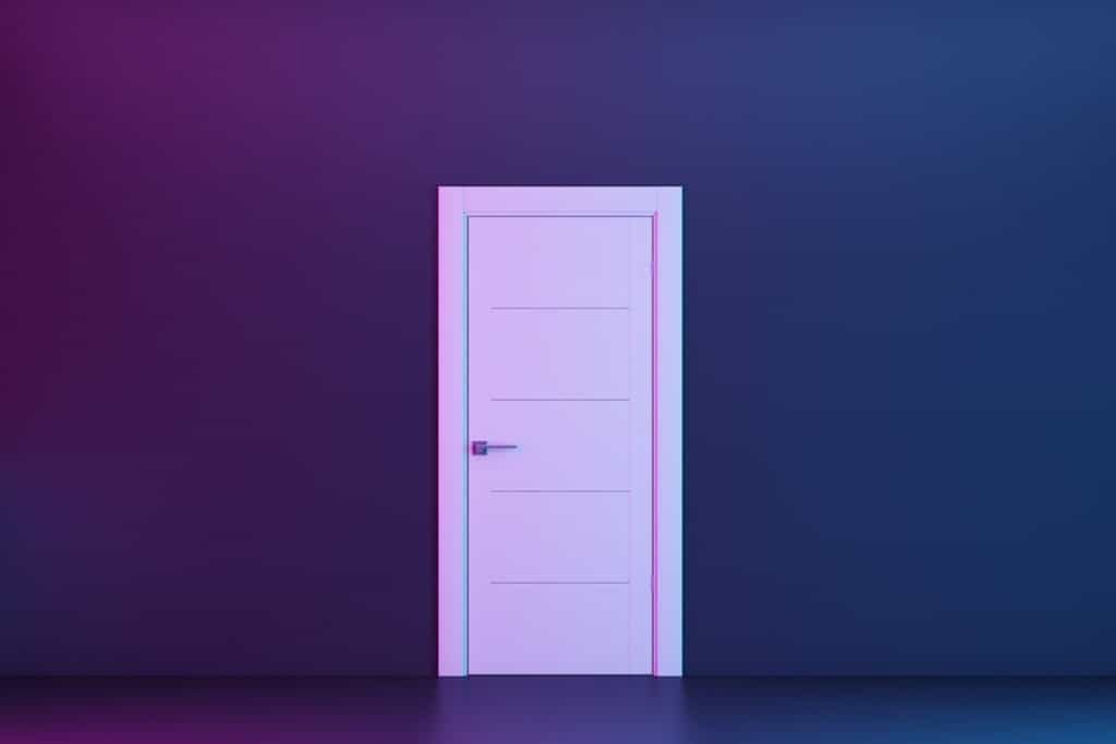 white closed door in dark wall