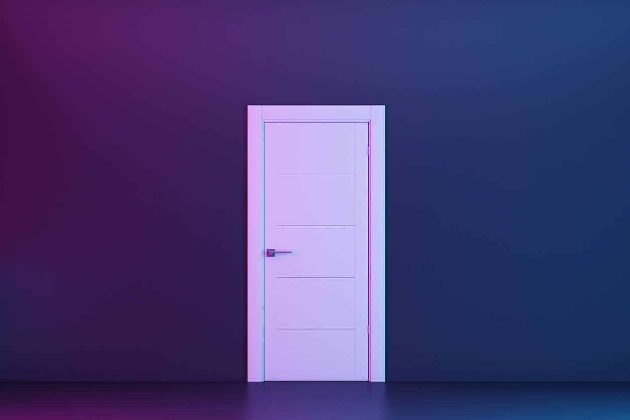 white closed door in dark wall