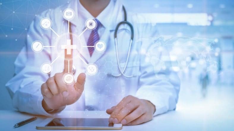 Healthcare Industry Trends:Doctor is touching digital virtual screen for analytics Medical data , Medical technology concept