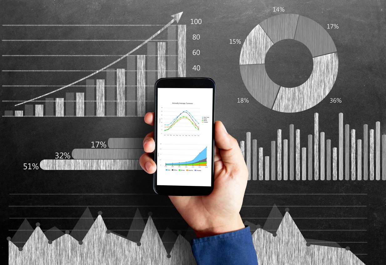 Business chart on blackboard with smart phone in human hand