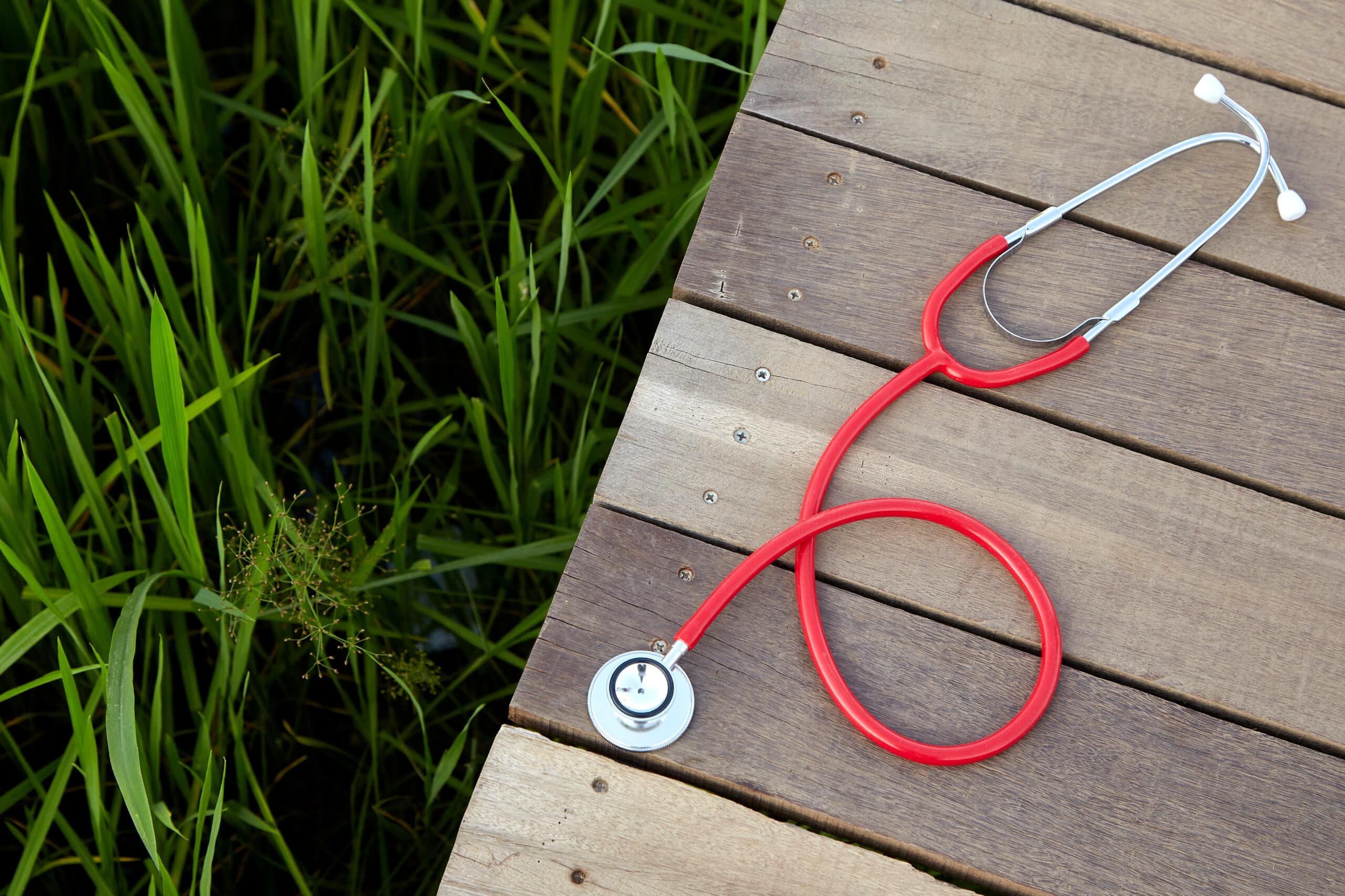Red stethoscope on wood