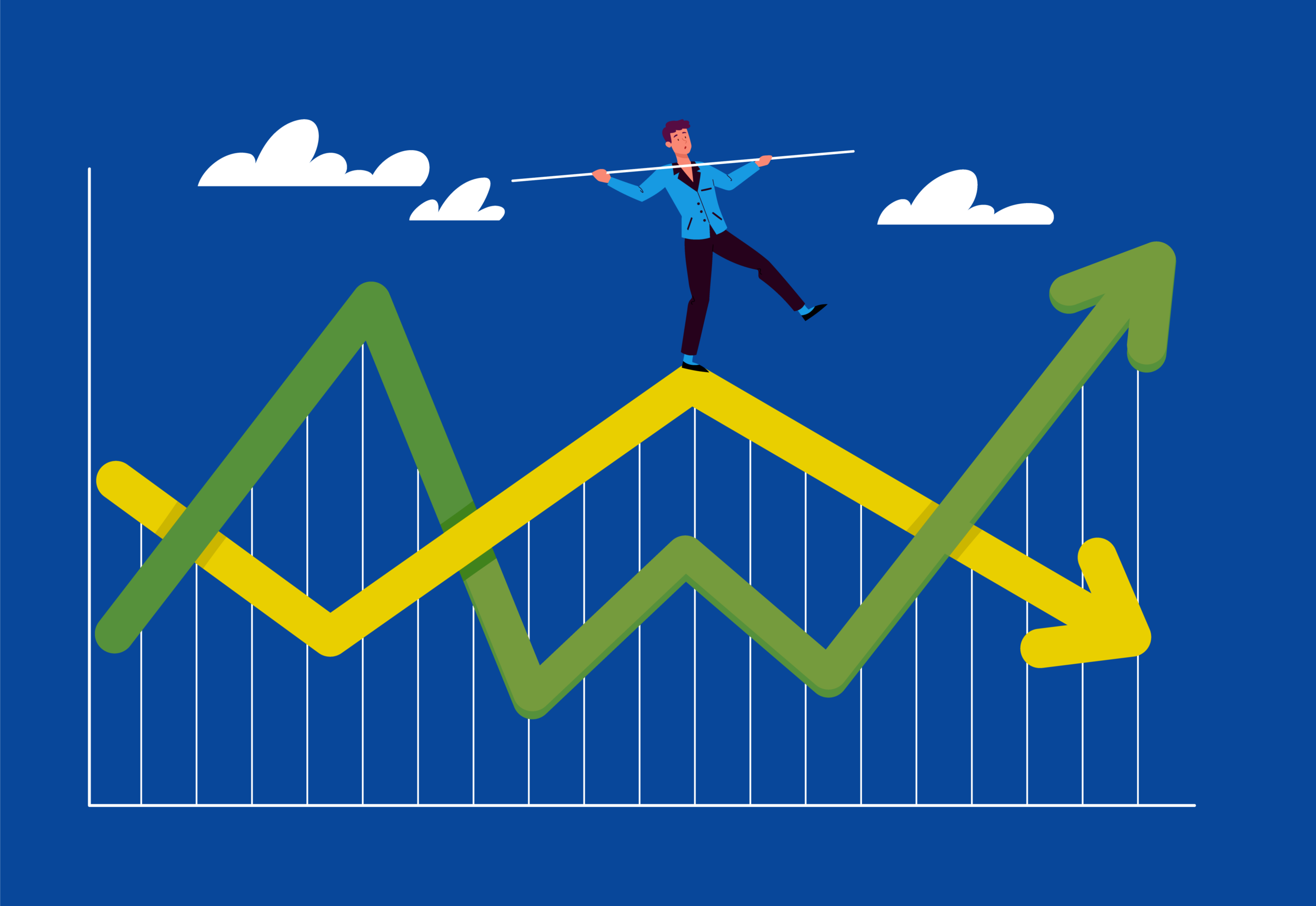 Man walking a tightrope on top of a financial graph with arrows going up and down
