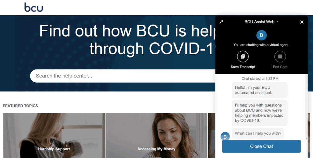 SCreenshot of BCU Covid-19 chatbot 