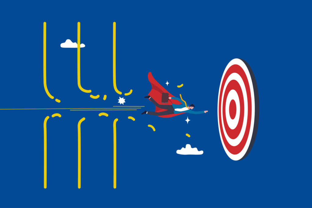 Man in business suit, tie, and cape flying through barriers to reach a giant bulleyes