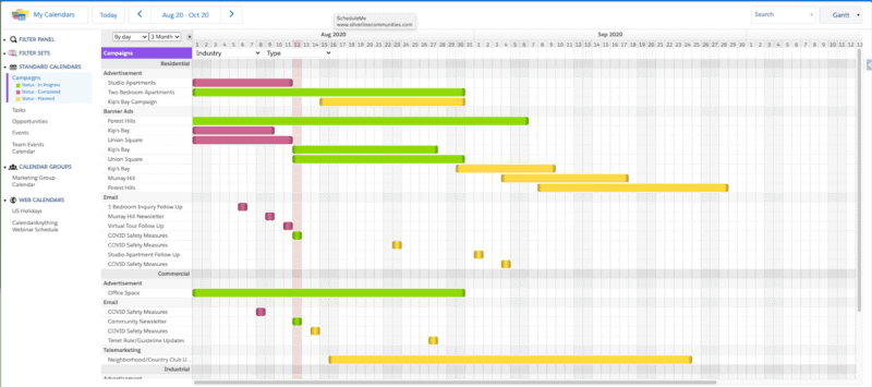Calendar is grouped by industry and type and conditionally colored by status. If status changes, the color of the event changes as well.