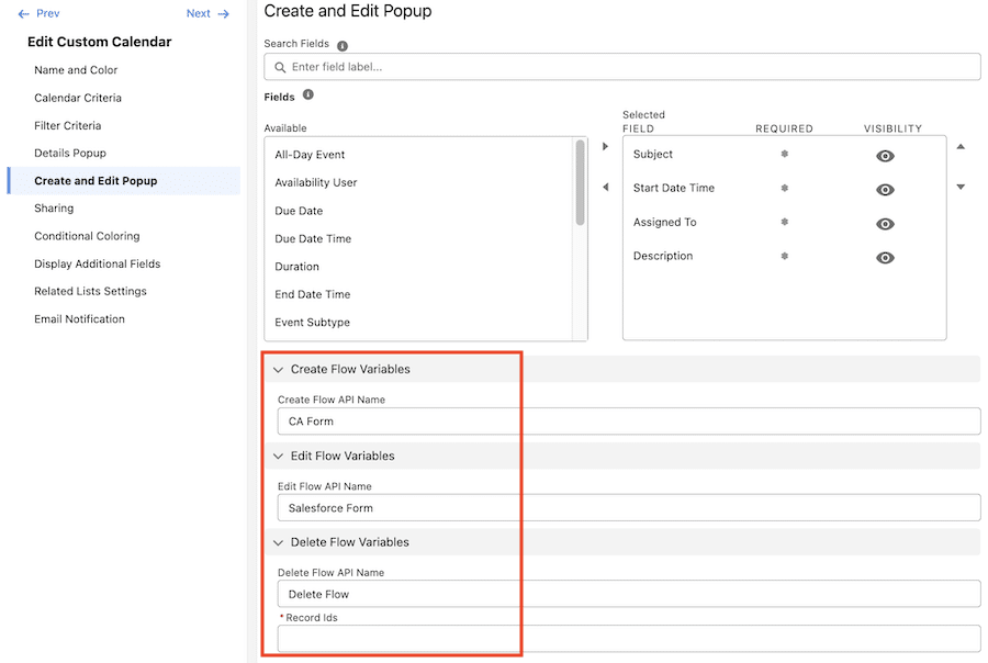 Configuring a Calendar to Use a Salesforce Flow | LWC